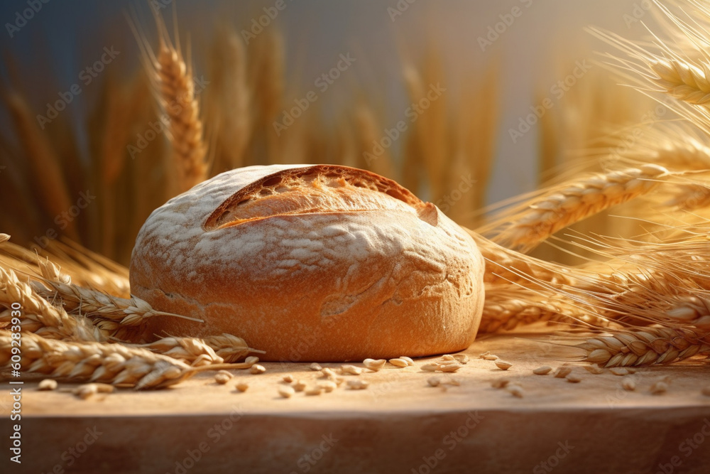 Aufkleber an image of a freshly baked loaf of bread surrounded by wheat ears, emphasizing the journey from gra