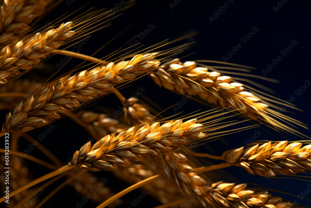 Aufkleber A macro photograph of wheat ears against a dark background, focusing on the intricate details and textures of the grain.  Generative AI technology.