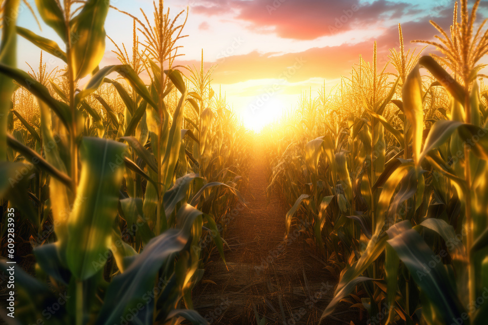 Poster a high-quality image of a maize field during sunset, with rows of tall corn stalks swaying in the ge