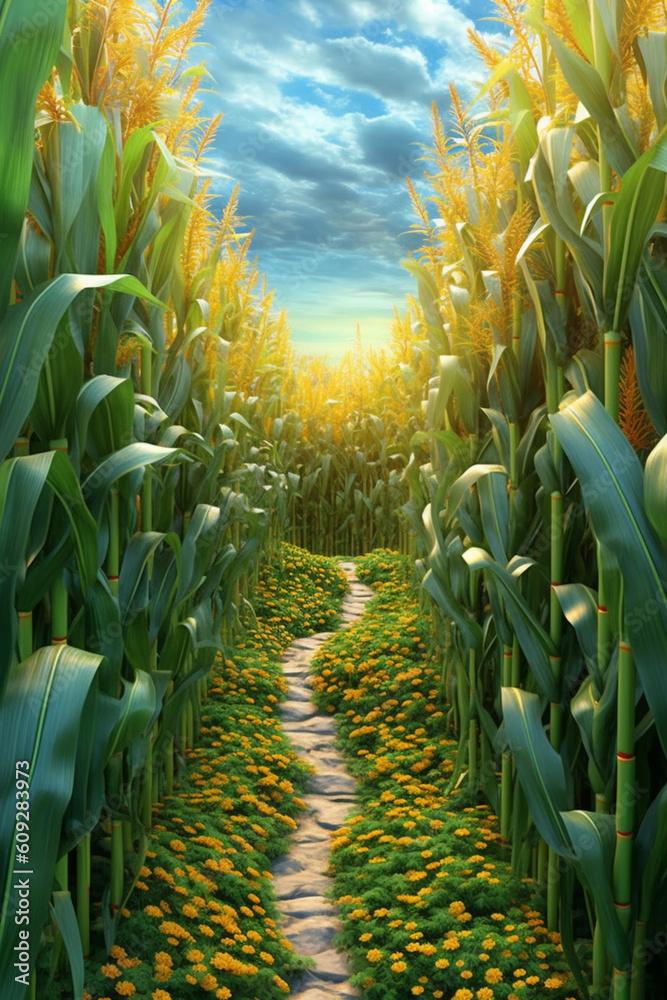 Aufkleber  A conceptual artwork of a maize cornfield transformed into a colorful maze, inviting viewers to explore the intricate paths and embrace the sense of adventure.  Generative AI technology.