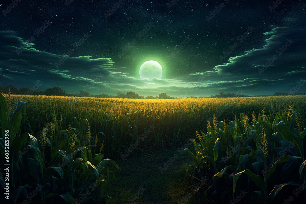 Poster an artistic illustration of a maize cornfield at night, with the moon and stars illuminating the sce