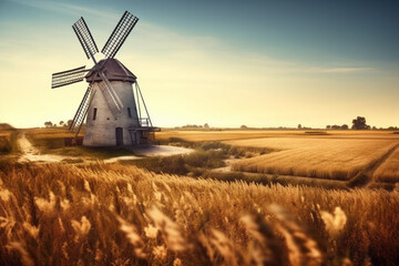 Plakat A vintage-style photograph of a traditional windmill surrounded by wheat fields, representing the timeless connection between agriculture and energy. Generative AI technology.