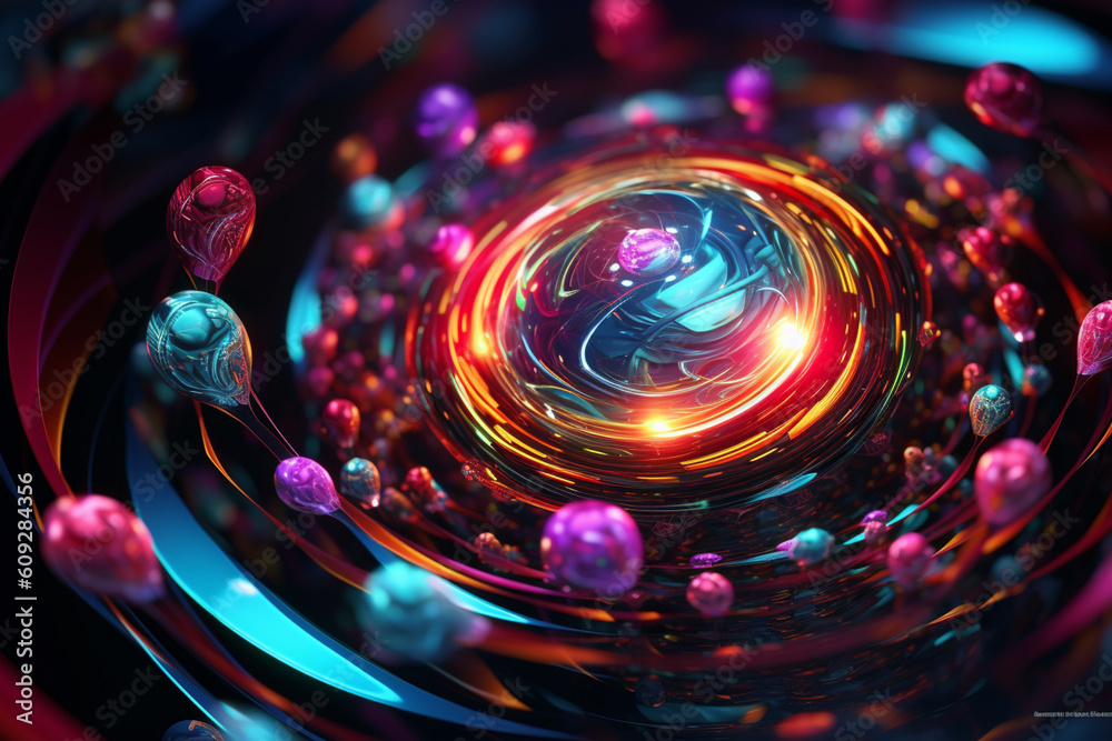Poster A digital illustration of abstract shapes and forms interconnecting and radiating energy, representing the flow and balance of clear energy in the universe. Generative AI technology.