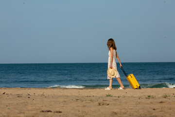 girl in a dress with a suitcase on the beach