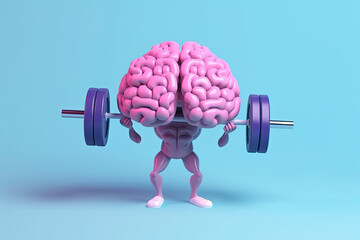3D style human brain cartoon lifting weights. Mental, memory, brain training concept. AI Generative