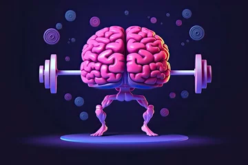 Foto op Plexiglas 3D style human brain cartoon lifting weights. Mental, memory, brain training concept. AI Generative © rufous