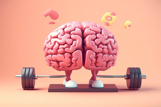 3D style human brain cartoon lifting weights. Mental, memory, brain training concept. AI Generative