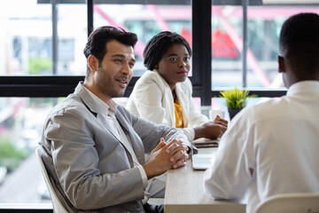 Focus of Businessman. meeting share ideas meeting at office. brainstorming discussion conference for development of work styles in company.