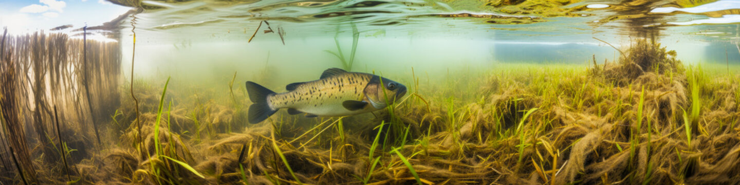 Stunning image capturing fish swimming amidst polluted marsh waters, surrounded by reeds and waste. Emotionally captivating view of aquatic life and industrial pollution. Generative AI