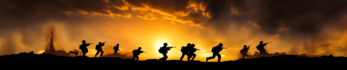 Captivating military assault silhouette against sunset backdrop, portraying intense romantic warfare emotions – perfect to evoke strong feelings and stand out from the crowd. Generative AI