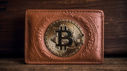 Gold bitcoin coin on a brown leather wallet. virtual currency. Generative AI.