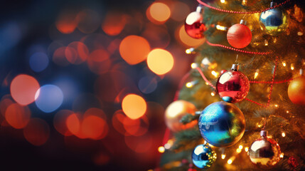 Fototapeta na wymiar Christmas wallpaper with place for text. Christmas tree with balls. Bokeh colorful background. 