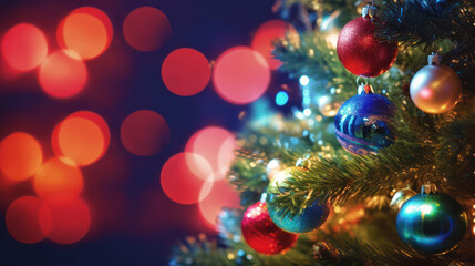 Obraz na płótnie Canvas Christmas wallpaper with place for text. Christmas tree with balls. Bokeh colorful background. 