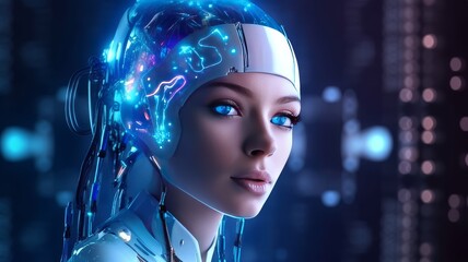 Humanoid cyber girl in virtual digital technologies in neon light, futuristic robot in 3d render. The concept of coexistence of people and robots. Generative AI.