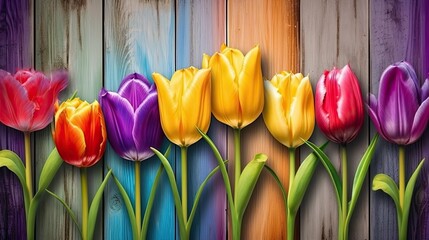 Tulip flowers on wooden planks background. Beautiful blooming plants. Generative AI