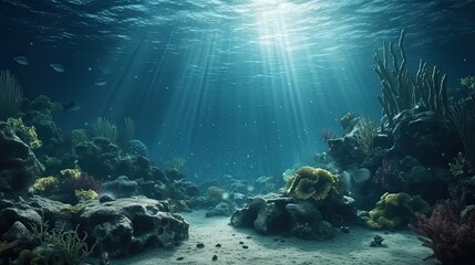 Fototapeta na wymiar Underwater blue ocean background. Deep underwater sea scene. Generative AI