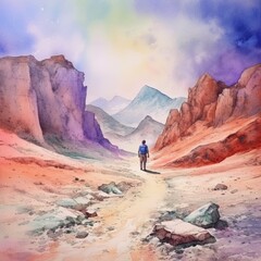 Man with backpack walking away alone at sandy in mountains. Generative AI