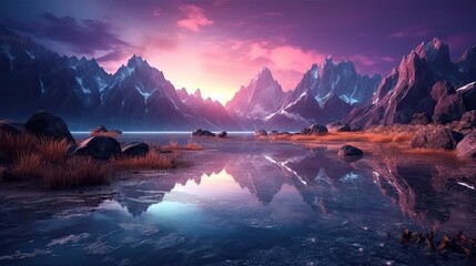 Fototapeta na wymiar Mountain lake with perfect reflection at sunrise. Beautiful landscape with purple sky, snowy mountains. Generative AI