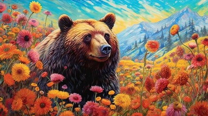 Black bear in field of wild flowers. Generative AI