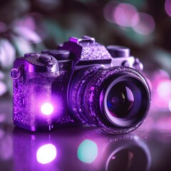 Fototapeta na wymiar Photographing or video filming for professional bloggers. The camera is placed on a mirrored surface in purple light. AI generated