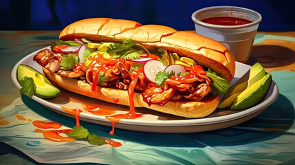 Banh Mi tasty meal background. Delicious food. Generative AI