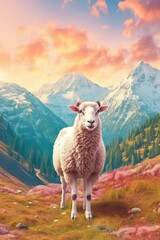 Fototapeta premium Sheep in nature at mountain valley. Generative AI