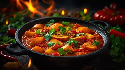 Vegetable curry vegetarian meal on dark background. Generative AI