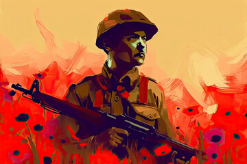  illustration of a soldier in the poppy field during golden sunset.AI Generative