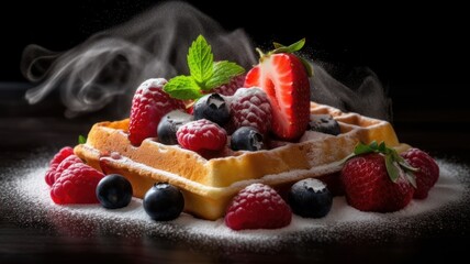 Waffles for breakfast with raspberries and blueberries on a dark background. AI generated.