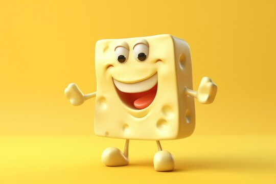 Piece of holland cheese cartoon character on yellow background, 3d illustration Generative AI