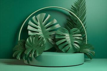 3D Podium with Monstera Leaf isolated in green background for product display. Generative AI