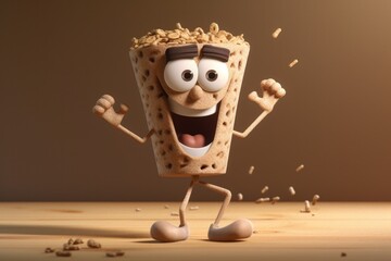 Muesli bowl character on brown background, 3d style illustration Generative AI