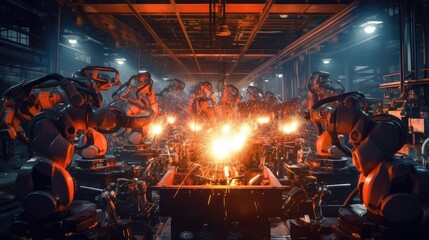 Robots steel welding in a production line at factory. Heavy industry. Artificial intelligence, Generative AI.