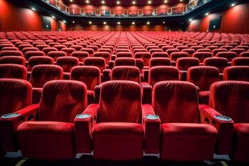 Empty cinema auditorium with red seats. Cinema hall with red seats, generative Ai - obrazy, fototapety, plakaty