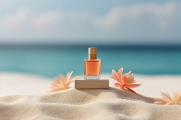 Bottle of perfume on sand with sea and sky background. Summer concept, generative Ai