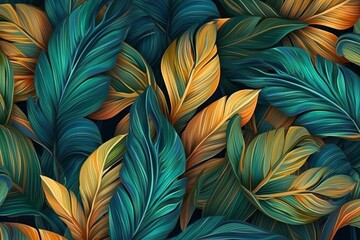 Obraz na płótnie Canvas Seamless pattern with tropical leaves. Colorful background for your design, generative Ai