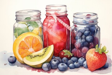 Fototapeta na wymiar Watercolor illustration of summer cocktails with fruits and berries on white background, generative Ai, generative Ai