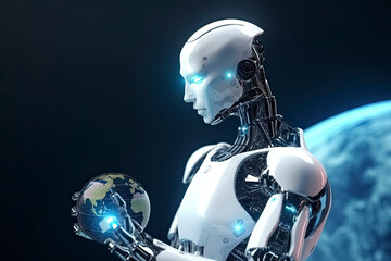 Fototapeta premium 3d rendering robot learning or machine learning with education hud interface.AI Generative