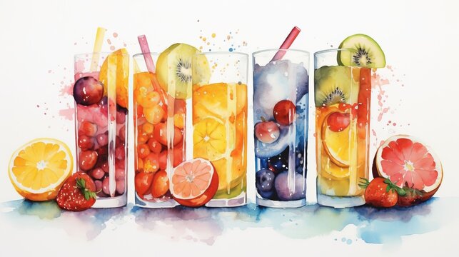 Fruit smoothies in glasses on white background. Watercolor illustration, generative Ai