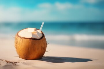 A coconut with a blue straw on a beach. Generative AI - obrazy, fototapety, plakaty