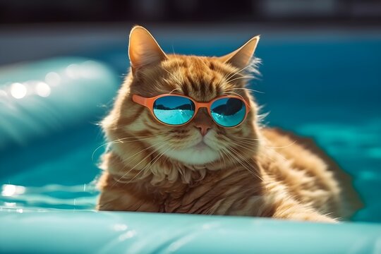 A cute cat wearing sunglasses lying on a float in swimming pool. Generative AI