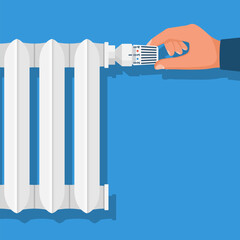 Man regulates the thermostat controller in the house. Heating thermostat. Adjusting radiator temperature. Vector illustration flat design. Isolated on white background.