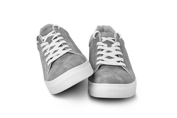 Leather grey color men's sneakers with white lace and rubber soles isolated on white background