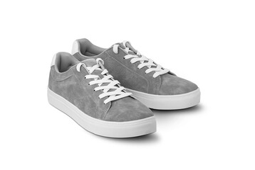 Leather grey color men's sneakers with white lace and rubber soles isolated on white background