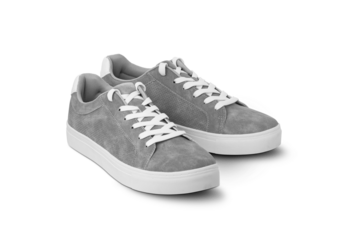 Leather grey color men's sneakers with white lace and rubber soles isolated on white background