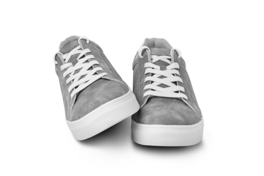 Leather grey color men's sneakers with white lace and rubber soles isolated on white background