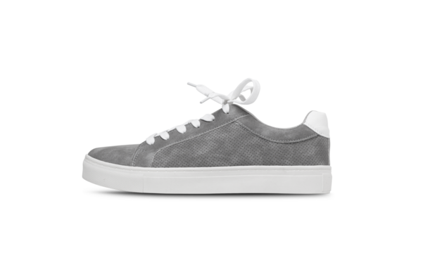 Leather grey color men's sneakers with white lace and rubber soles isolated on white background