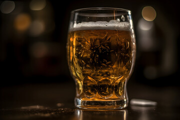 A glass of beer with bubbles on a dark background