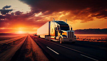 Fototapeta na wymiar A cargo truck with a container moves along the evening highway. The setting sun over the horizon. Abstract illustration.