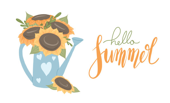 Vector horizontal postcard with flat hand drawn illustration of a garden watering can and sunflower bouquet with lettering. Slogan hello summer.